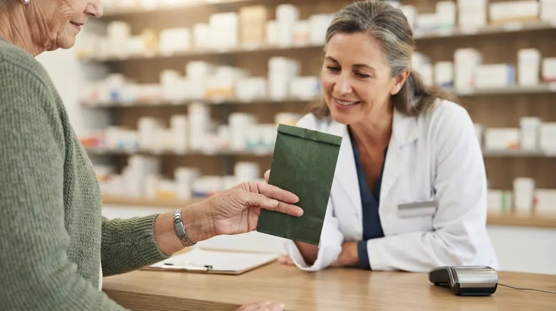 A pharmacist reading the back of a dark green kraft paper pouch held out by an older woman at a pharmacy counter