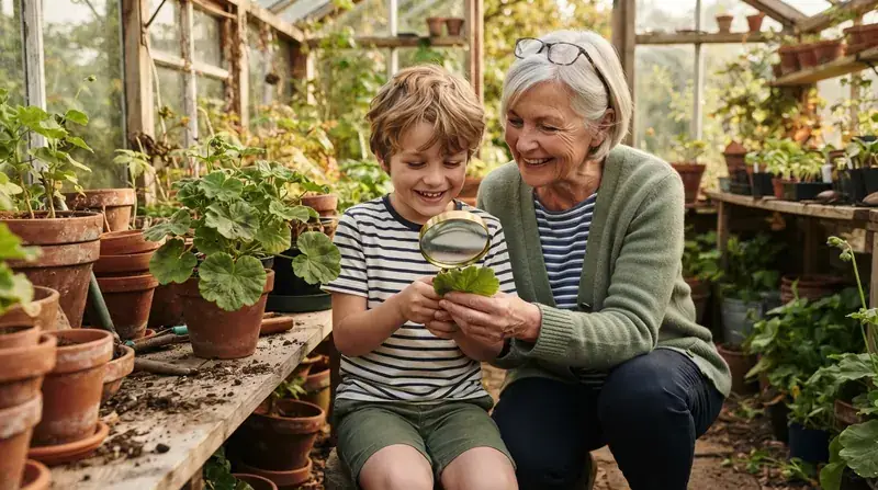 A grandmother and her young grandson looking closely at a round green leaf through a magnifying glass in a sunlit greenhouse
