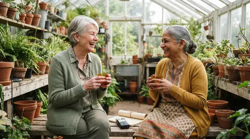Two older women laughing on a wooden bench in a small greenhouse with warm cups, a seed calendar and a small audio recorder between them