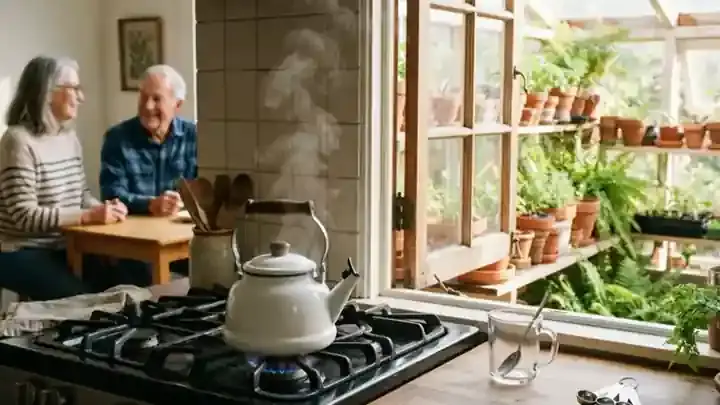 Steam rising from a white enamel kettle on a kitchen stove beside a window looking into a small greenhouse, slow zoom