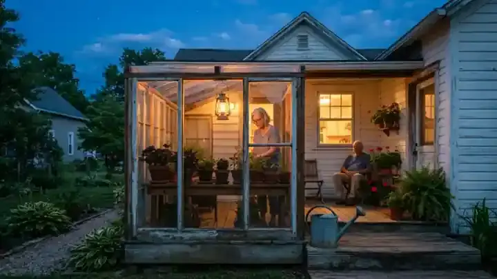 A small lean-to greenhouse attached to a house glowing with a warm lantern at dusk, terracotta pots visible through the glass, slow zoom