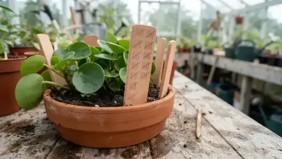 Terracotta plant label stakes pushed into a clay pot with pencil tally marks on one of them, beside a pencil on a potting bench
