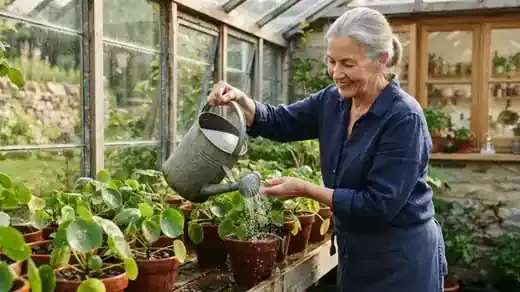Water pouring from a galvanized watering can over a row of terracotta pots with round green leaves in a sunlit greenhouse