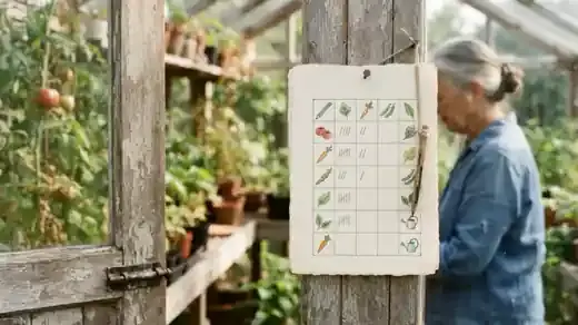 A paper garden seed calendar hanging by a greenhouse door with small pencil tally marks in some of the squares